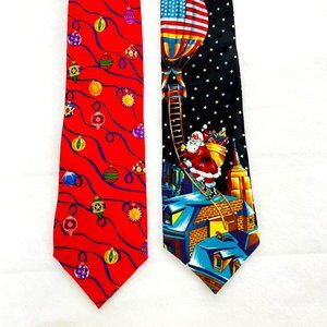 Lot of 2- Vintage Wembley Neck ties Patriotic Santa USA/Roundtree York Ornaments
